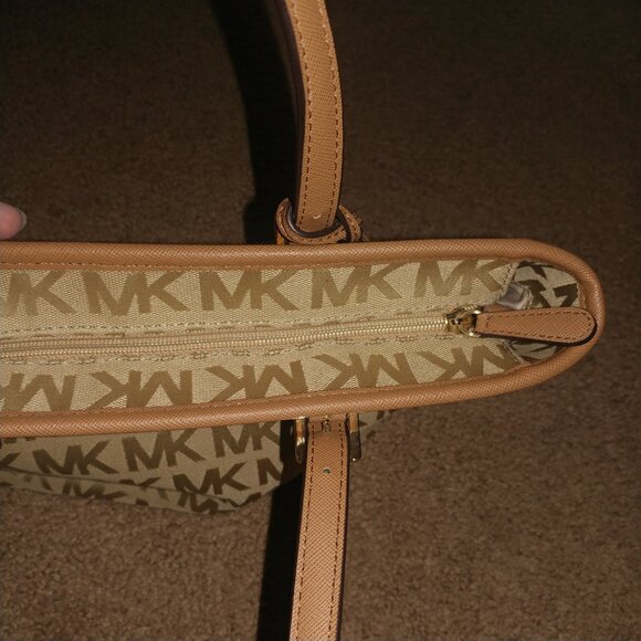 Michael Kors Tan MK Logo Canvas Shoulder Bag W/Brown Leather Trim - Medium Sized - Picture 10 of 15
